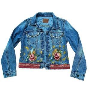 Fina Catrina Womens Denim Jacket Size Medium M Hand Painted Roses Art To Wear